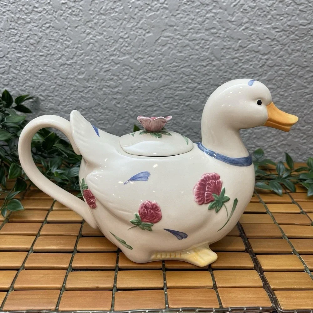 Vintage Lenox Poppies on Blue Barnyard Duck Teapot 1998 Retired Cottagecore 6.5